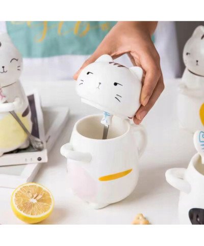 KUBEK CERAMICZNY 420ML Z ŁYŻECZKĄ + POKRYWKĄ KOT DO KAWY HERBATY DUŻY CUTE