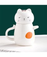 KUBEK CERAMICZNY 420ML Z ŁYŻECZKĄ + POKRYWKĄ KOT DO KAWY HERBATY DUŻY CUTE