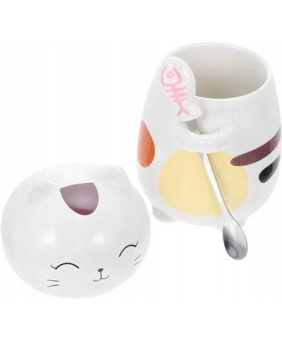 KUBEK CERAMICZNY 420ML Z ŁYŻECZKĄ + POKRYWKĄ KOT DO KAWY HERBATY DUŻY CUTE