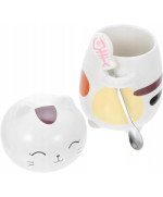 KUBEK CERAMICZNY 420ML Z ŁYŻECZKĄ + POKRYWKĄ KOT DO KAWY HERBATY DUŻY CUTE