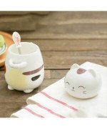 KUBEK CERAMICZNY 420ML Z ŁYŻECZKĄ + POKRYWKĄ KOT DO KAWY HERBATY DUŻY CUTE