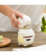 KUBEK CERAMICZNY 420ML Z ŁYŻECZKĄ + POKRYWKĄ KOT DO KAWY HERBATY DUŻY CUTE