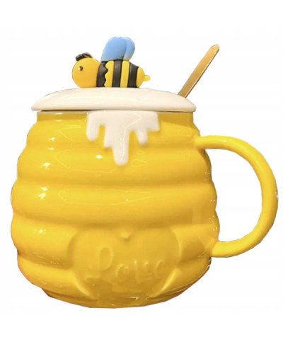 KUBEK CERAMICZNY 370ML Z ŁYŻECZKĄ + POKRYWKĄ MIÓD DO KAWY HERBATY DUŻY