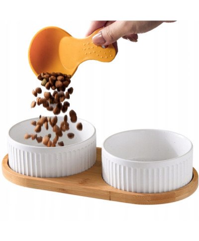 MISKA CERAMICZNA PODWÓJNA DLA PSA I KOTA MISKI DREWNIANA PODSTAWA 2x1000ml