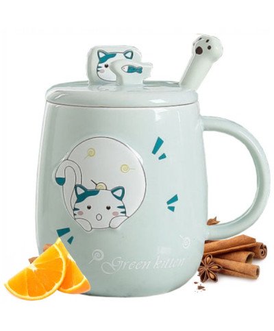 KUBEK CERAMICZNY 420ML Z ŁYŻECZKĄ + POKRYWKĄ KOT DO KAWY HERBATY DUŻY