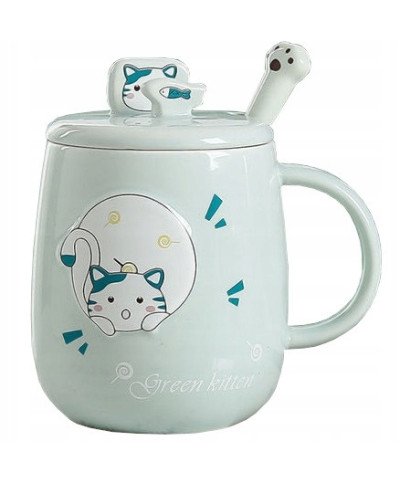 KUBEK CERAMICZNY 420ML Z ŁYŻECZKĄ + POKRYWKĄ KOT DO KAWY HERBATY DUŻY
