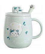 KUBEK CERAMICZNY 420ML Z ŁYŻECZKĄ + POKRYWKĄ KOT DO KAWY HERBATY DUŻY