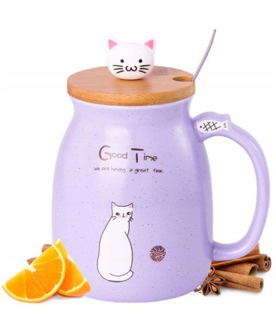 KUBEK CERAMICZNY 420ML Z ŁYŻECZKĄ + POKRYWKĄ KOT DO KAWY HERBATY DUŻY CUTE