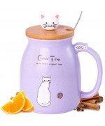 KUBEK CERAMICZNY 420ML Z ŁYŻECZKĄ + POKRYWKĄ KOT DO KAWY HERBATY DUŻY CUTE