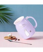 KUBEK CERAMICZNY 420ML Z ŁYŻECZKĄ + POKRYWKĄ KOT DO KAWY HERBATY DUŻY CUTE