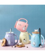 KUBEK CERAMICZNY 420ML Z ŁYŻECZKĄ + POKRYWKĄ KOT DO KAWY HERBATY DUŻY CUTE