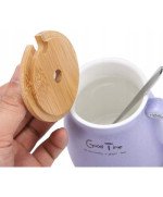 KUBEK CERAMICZNY 420ML Z ŁYŻECZKĄ + POKRYWKĄ KOT DO KAWY HERBATY DUŻY CUTE