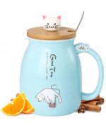 KUBEK CERAMICZNY 420ML Z ŁYŻECZKĄ + POKRYWKĄ KOT DO KAWY HERBATY DUŻY CUTE