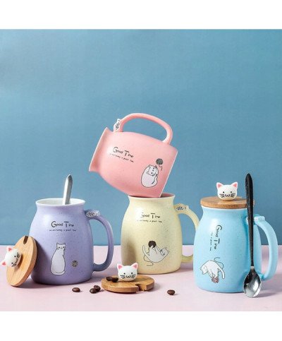 KUBEK CERAMICZNY 420ML Z ŁYŻECZKĄ + POKRYWKĄ KOT DO KAWY HERBATY DUŻY CUTE
