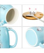 KUBEK CERAMICZNY 420ML Z ŁYŻECZKĄ + POKRYWKĄ KOT DO KAWY HERBATY DUŻY CUTE