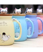 KUBEK CERAMICZNY 420ML Z ŁYŻECZKĄ + POKRYWKĄ KOT DO KAWY HERBATY DUŻY CUTE