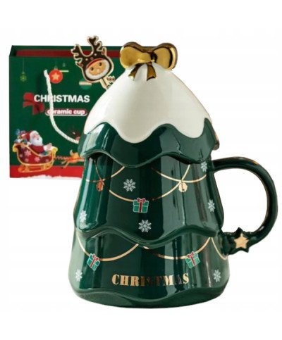 DUŻY KUBEK ŚWIĄTECZNY 500ML CERAMICZNY Z POKRYWKĄ CHOINKA NA PREZENT ŚWIĘTA