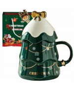 DUŻY KUBEK ŚWIĄTECZNY 500ML CERAMICZNY Z POKRYWKĄ CHOINKA NA PREZENT ŚWIĘTA