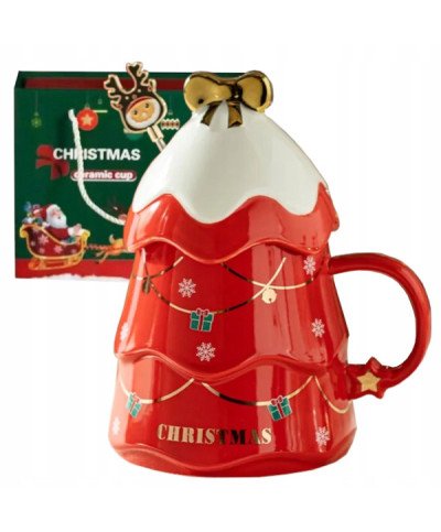 KUBEK ŚWIĄTECZNY 500ML CERAMICZNY Z ŁYŻECZKĄ & POKRYWKĄ CHOINKA NA PREZENT