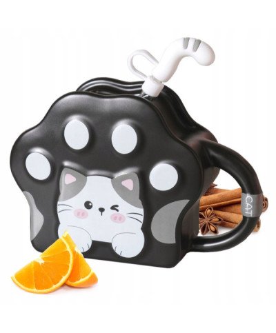 KUBEK CERAMICZNY 350ML ZE SŁOMKA KOT DO KAWY HERBATY DUŻY PORCELANOWY