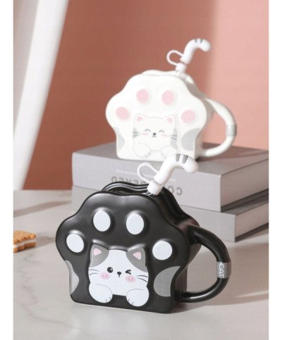 KUBEK CERAMICZNY 350ML ZE SŁOMKA KOT DO KAWY HERBATY DUŻY PORCELANOWY