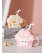 KUBEK CERAMICZNY 350ML ZE SŁOMKA KOT DO KAWY HERBATY DUŻY PORCELANOWY