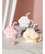 KUBEK CERAMICZNY 350ML ZE SŁOMKA KOT DO KAWY HERBATY DUŻY PORCELANOWY