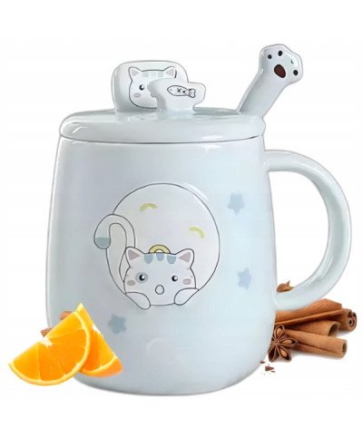 KUBEK CERAMICZNY 420ML Z ŁYŻECZKĄ + POKRYWKĄ KOT DO KAWY HERBATY DUŻY