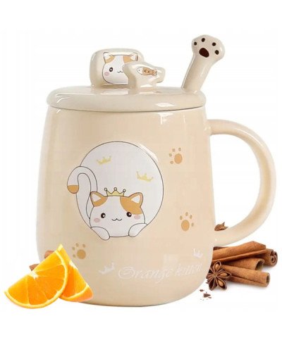 KUBEK CERAMICZNY 420ML Z ŁYŻECZKĄ + POKRYWKĄ KOT DO KAWY HERBATY DUŻY CUTE