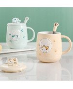 KUBEK CERAMICZNY 420ML Z ŁYŻECZKĄ + POKRYWKĄ KOT DO KAWY HERBATY DUŻY CUTE