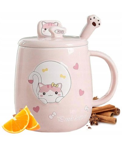 KUBEK CERAMICZNY 420ML Z ŁYŻECZKĄ + POKRYWKĄ KOT