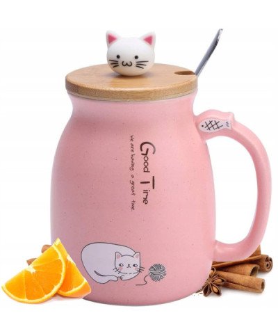 KUBEK CERAMICZNY 420ML Z ŁYŻECZKĄ + POKRYWKĄ KOT DO KAWY HERBATY DUŻY CUTE