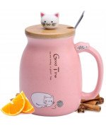 KUBEK CERAMICZNY 420ML Z ŁYŻECZKĄ + POKRYWKĄ KOT DO KAWY HERBATY DUŻY CUTE