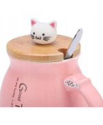 KUBEK CERAMICZNY 420ML Z ŁYŻECZKĄ + POKRYWKĄ KOT DO KAWY HERBATY DUŻY CUTE