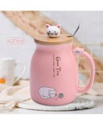 KUBEK CERAMICZNY 420ML Z ŁYŻECZKĄ + POKRYWKĄ KOT DO KAWY HERBATY DUŻY CUTE